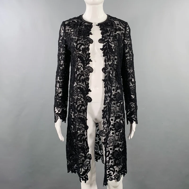 RALPH LAUREN Size 4 Black Cotton Lace Leather Trim Open Front Coat empire Basque Peplum RALPH LAUREN Size 4 Black Cotton Lace Leather Trim Open Front Coat empire Basque Peplum