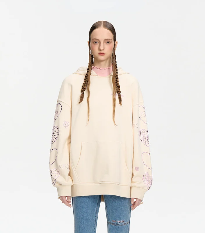 Doozoo Rhinestone Heart Hoodie Hoodie with Hem Embroidery Detailed Premium
