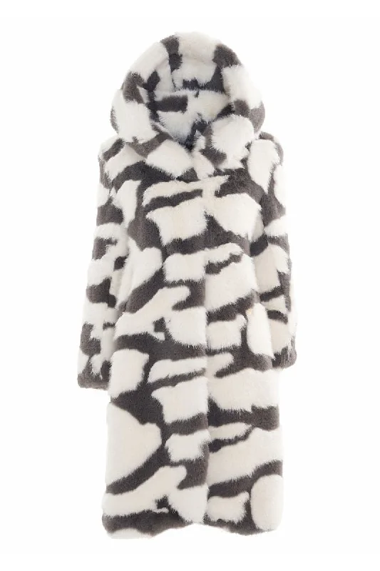 GRAY CAMO THE SAYLOR FUR COAT Asymmetrical Collar Hooded Zippered