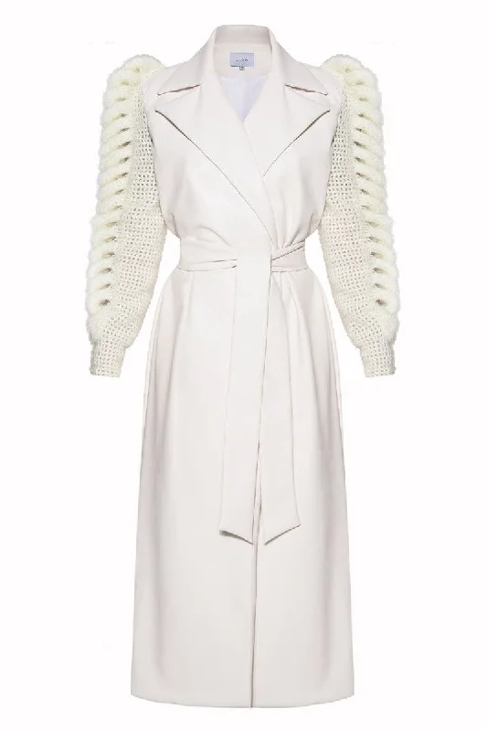 IVORY KNITTED SLEEVES TRENCH COAT Zip Front Button Front Snap Front