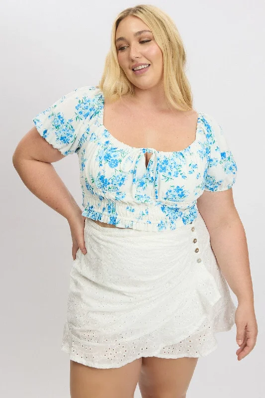 White Floral Crop Top Short Sleeve Ruched Ribbed Striped Patterned