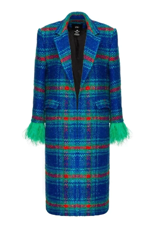 CHECKERED BLUE WOOL AND MOHAIR-BLEND COAT Solid Print Jacquard