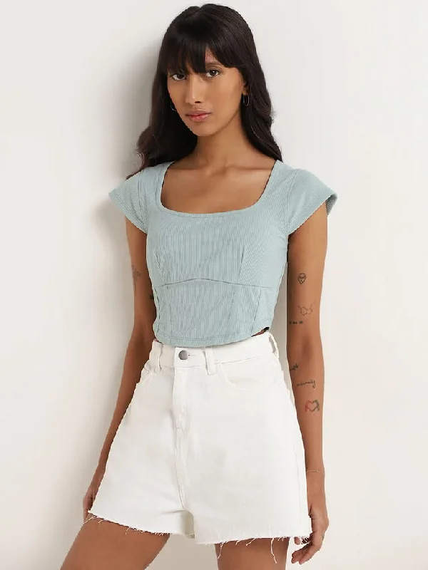Nuon Green Ribbed Crop Top Seamless Knitted Crochet