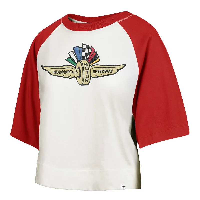 Ladies Wing Wheel Flag '47 Brand Raglan Crop Top Print Jacquard Patchwork