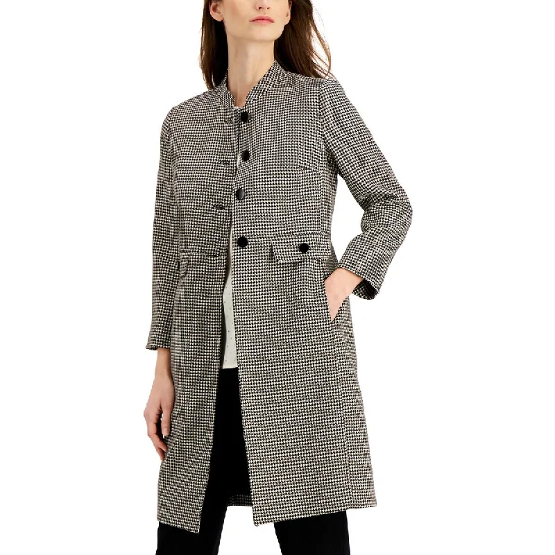 Anne Klein Womens Houndstooth Long Pea Coat Fitted Loose Oversized
