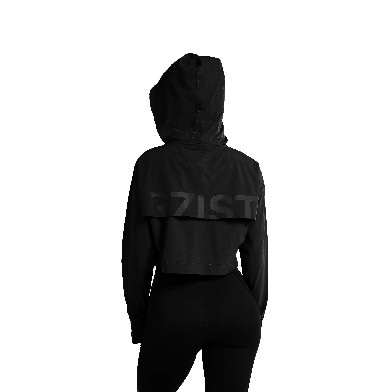 Women's 2-in-1 Crop Top & Hoodie - Jet Black Houndstooth Herringbone Solid