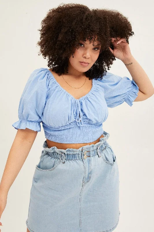 Light Blue Crop Top Short Sleeve Cut Out Cotton Anti-Pilling Machine Wash Handmade