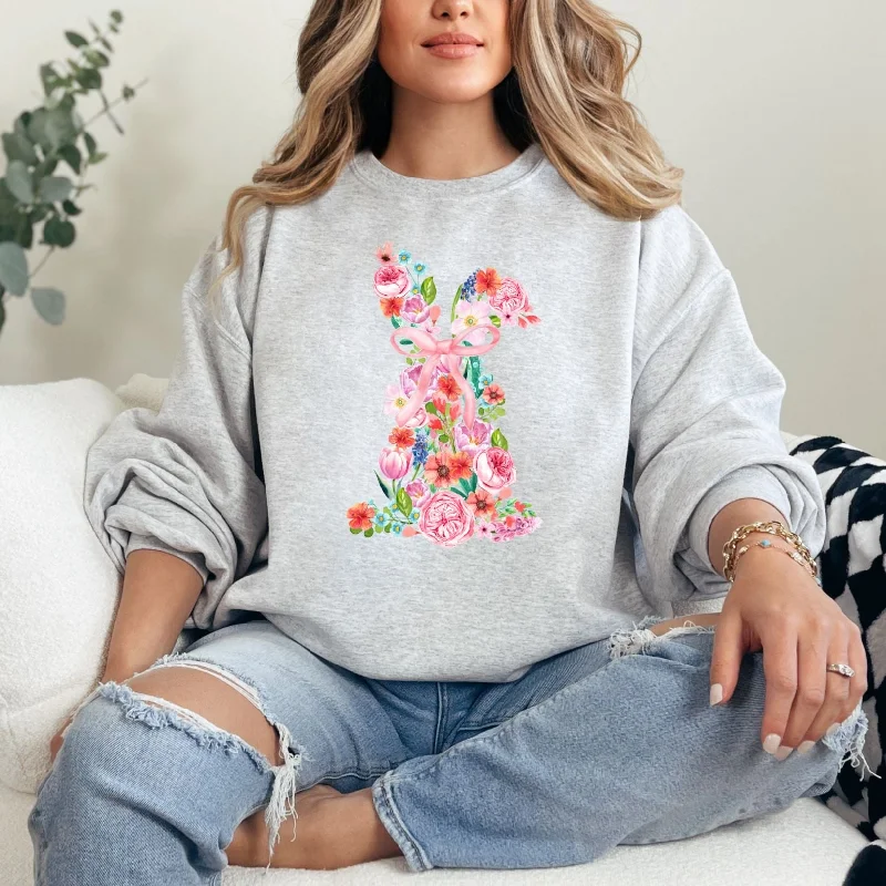 Hazel Blues® |  Pink Floral Bunny Graphic Sweatshirt Hoodie Dress Longline Feminine