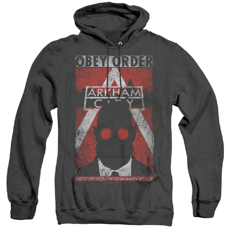 Batman Arkham City Obey Order Poster - Heather Pullover Hoodie Tapered Sleeve Pullover