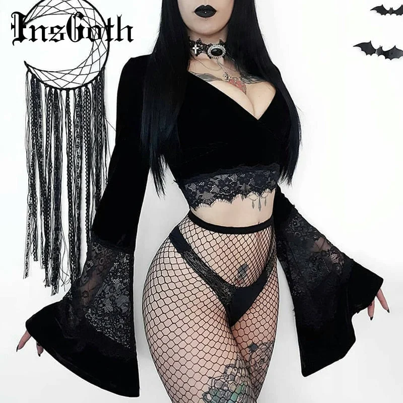 Gothic Crop Top Flare Sleeve Cotton Fabric Linen Fabric Terry Fabric