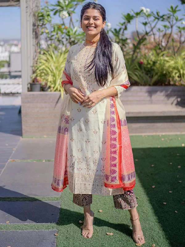 Cream Printed Chanderi Silk Straight Kurta With Trousers & Dupatta Trousers Fleece Cozy