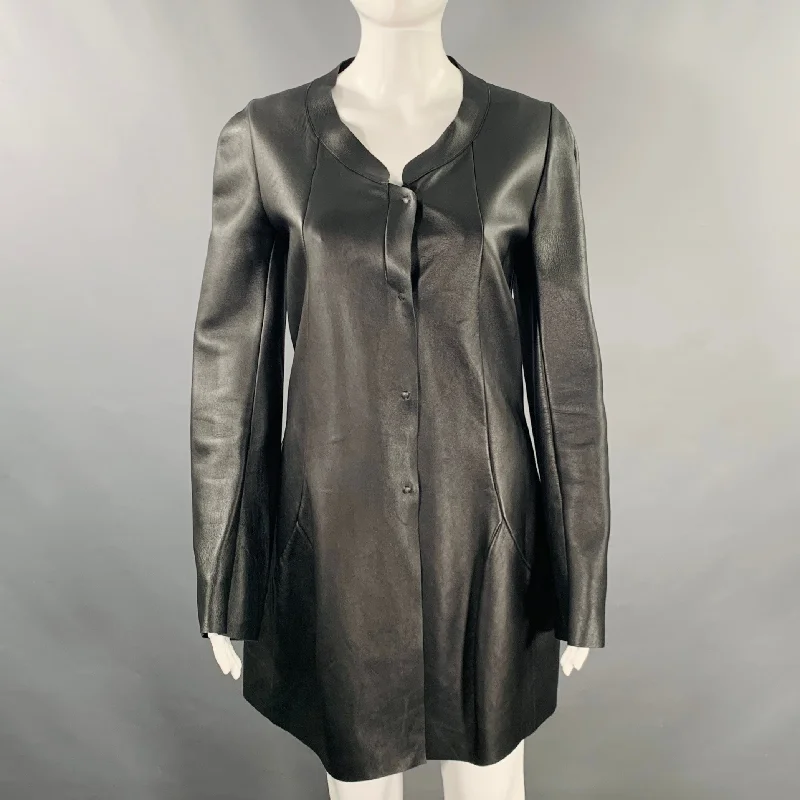 MARNI Size 4 Black Lambskin Leather Snaps Coat Cotton Linen Terry