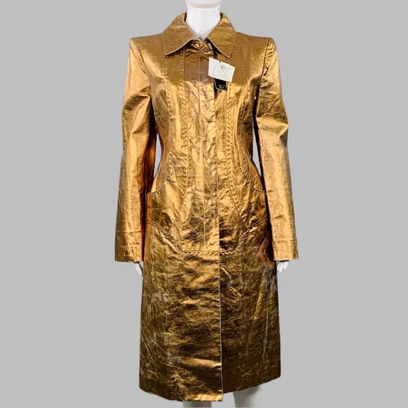 JUST CAVALLI Size 4 Gold Metallic Leather Distressed Snaps Coat Vest Waistcoat Gilet JUST CAVALLI Size 4 Gold Metallic Leather Distressed Snaps Coat Vest Waistcoat Gilet