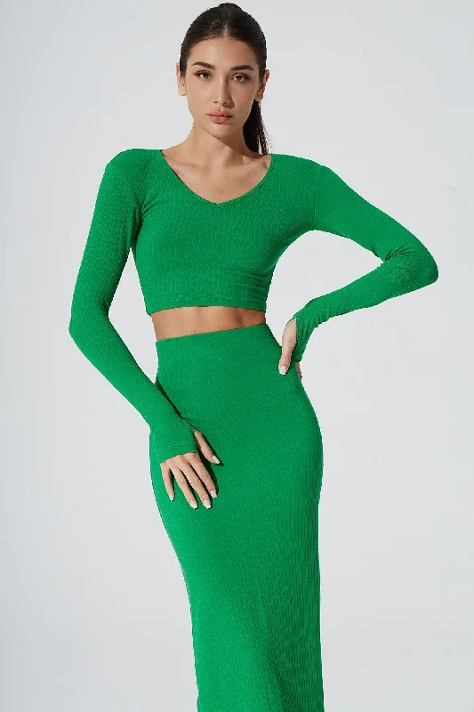 Zeya Knitted Long Sleeve Crop Top - Fern Green Houndstooth Herringbone Solid