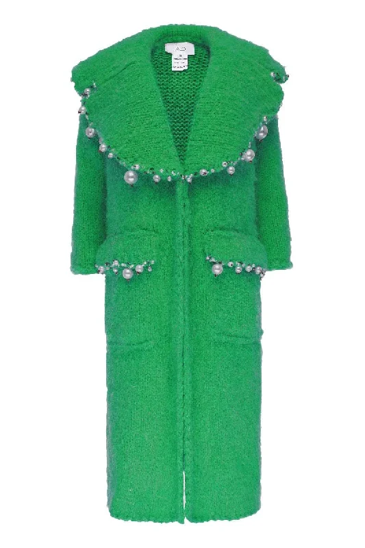 PEARL EMBROIDERED GREEN GARNET MOHAIR COAT Peter Pan Collar Cowl Neck Turtleneck