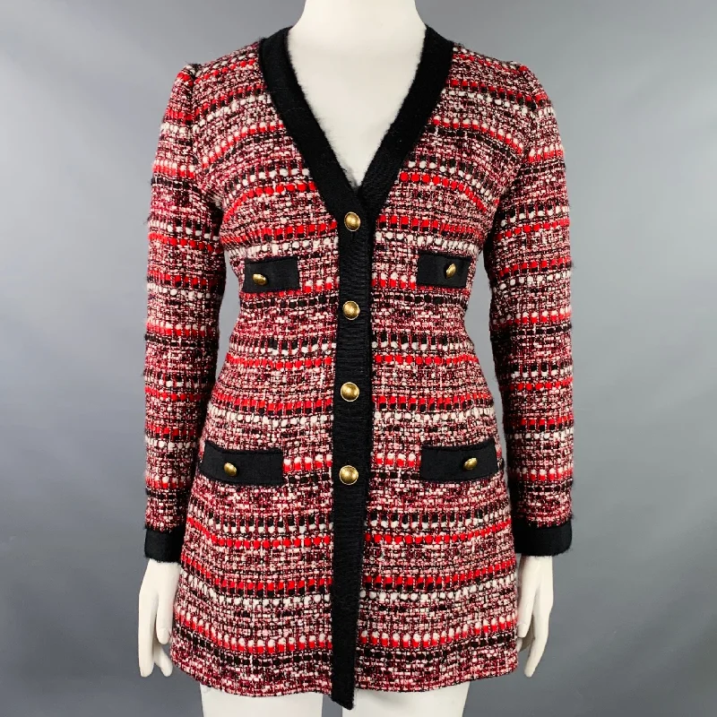 LUISA SPAGNOLI Size 10 Black Red White Wool Blend Boucle Single Breasted Coat Zip Front Button Front Snap Front LUISA SPAGNOLI Size 10 Black Red White Wool Blend Boucle Single Breasted Coat Zip Front Button Front Snap Front