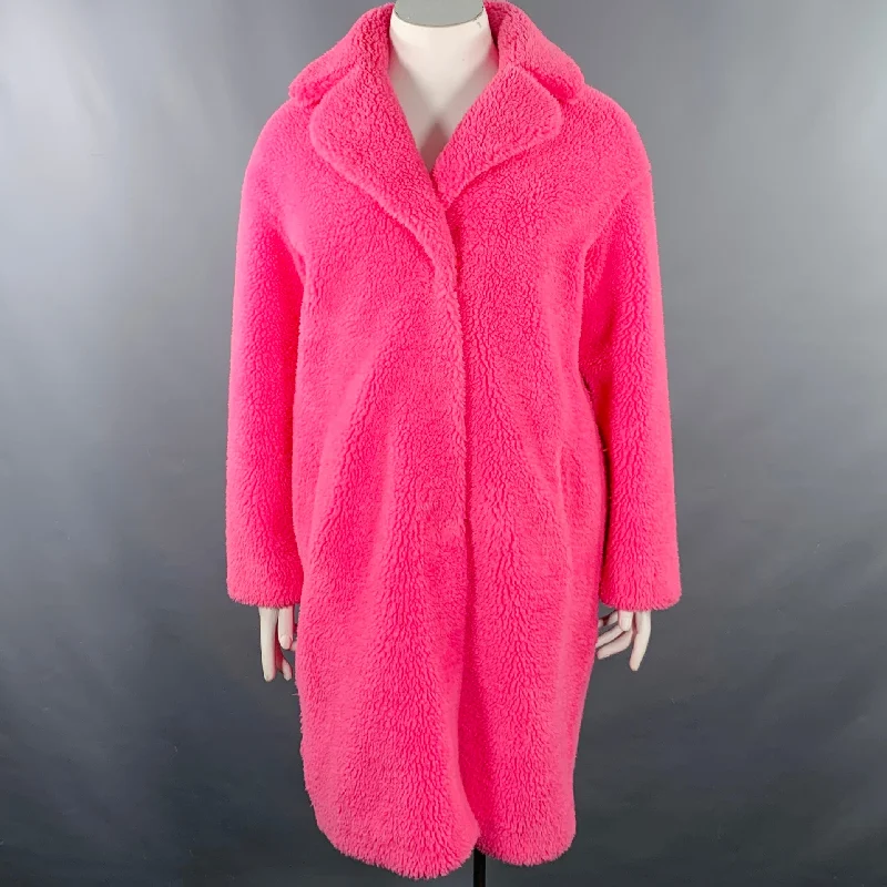 STAND STUDIO Size L Pink Polyester Textured Faux Fur Snaps Coat Satin Silk Chiffon