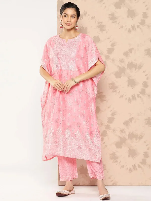 Peach Printed Silk Blend Kaftan Kurta With Trousers Trousers Corduroy Warm
