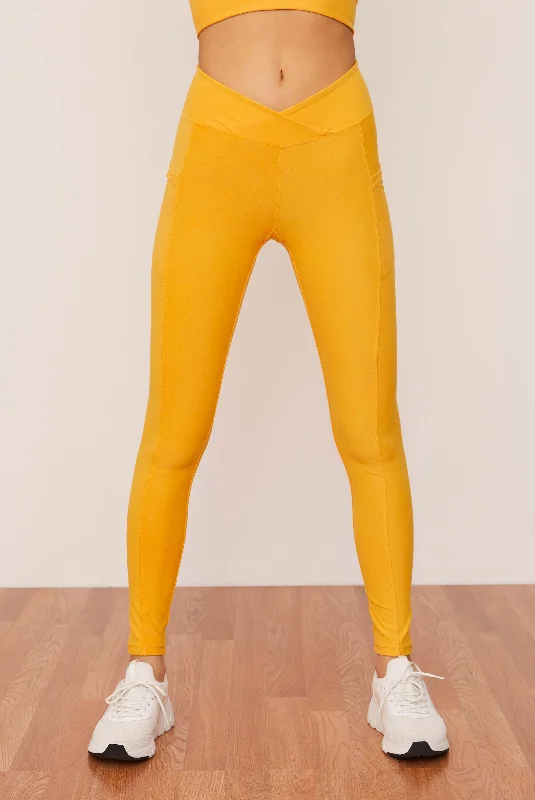 Ruched Crossover Pocket Leggings (Mango) Elegant Velvet Leggings