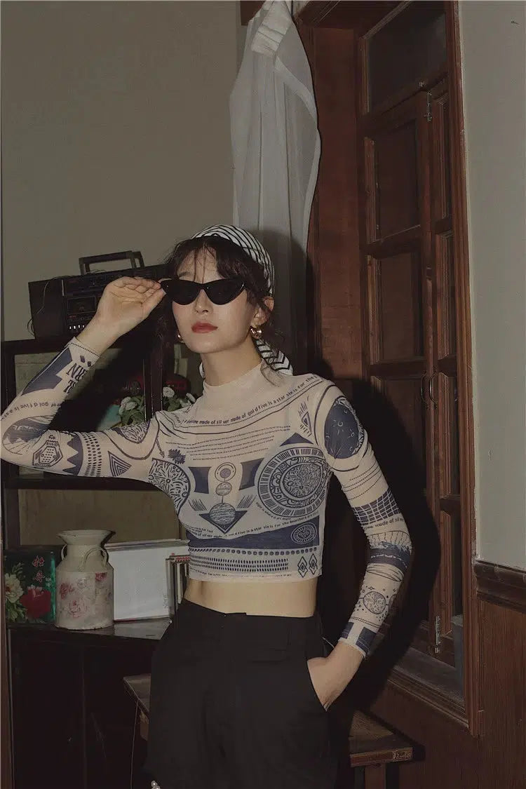 Ancient Egyptian Mystique Symbol Crop Top Zippered Front Buttoned Front Snap Front