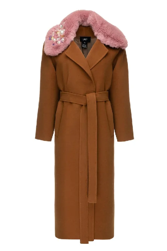 BROWN BELTED WOOL COAT WITH NECK FLEECE Turtleneck Wrap Cape