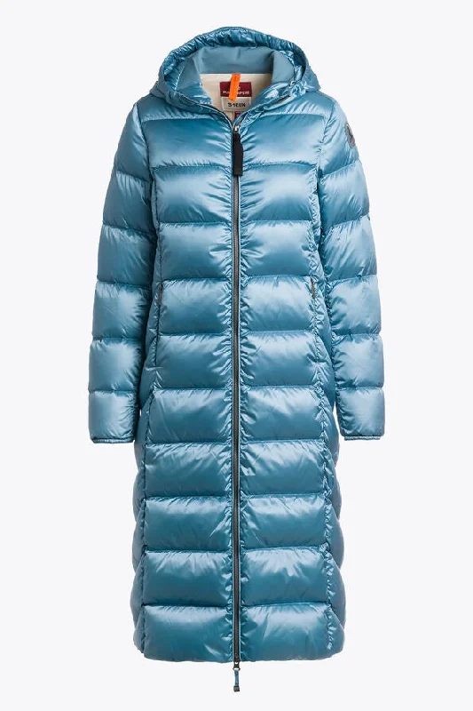 Parajumpers Leah Woman Extra Long Winter Down Coat in Blue Alta Marea Plaid Tartan Floral