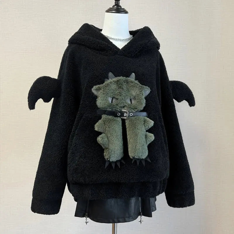 Cartoon 3D Dragon Embroidery Wings Plush Hoodie YV32006 Hoodie with Hood Adjustable Protection