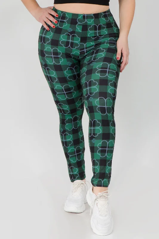 Plus Size Stay Lucky Green Clover Printed Leggings Stylish Colorful Activewear Leggings