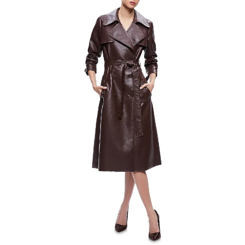 Alice and Olivia Womens Elicia Shoulder Pads Faux Leather Trench Coat Zip Front Button Front Snap Front Alice and Olivia Womens Elicia Shoulder Pads Faux Leather Trench Coat Zip Front Button Front Snap Front