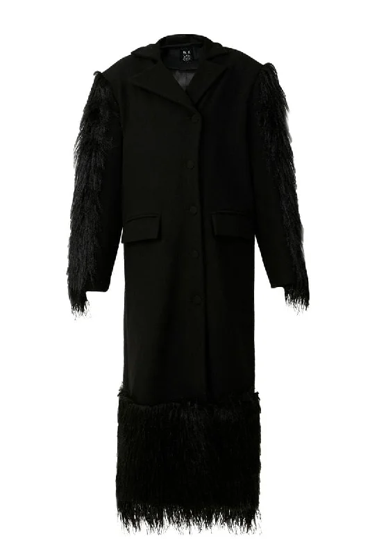 BLACK FURRY LONG COAT Tailored Straight A-Line