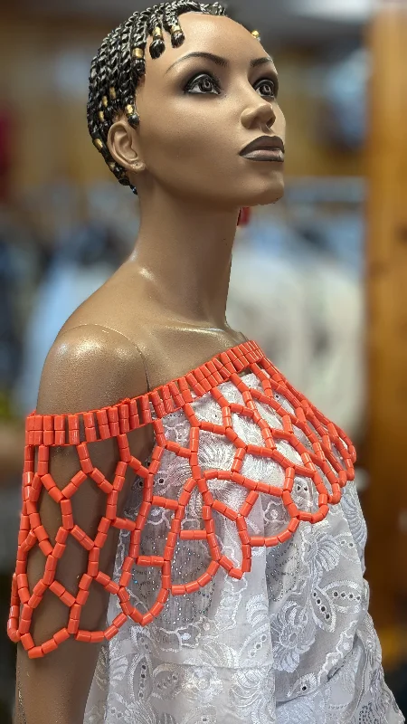 Dupsie's Chimamanda African Coral-Red Igbo Edo Sheer Bead Shoulder Shrug Crop Top Blouse DPASBCR22 Welt Pockets Slit Pockets Flap Pockets Dupsie's Chimamanda African Coral-Red Igbo Edo Sheer Bead Shoulder Shrug Crop Top Blouse DPASBCR22 Welt Pockets Slit Pockets Flap Pockets