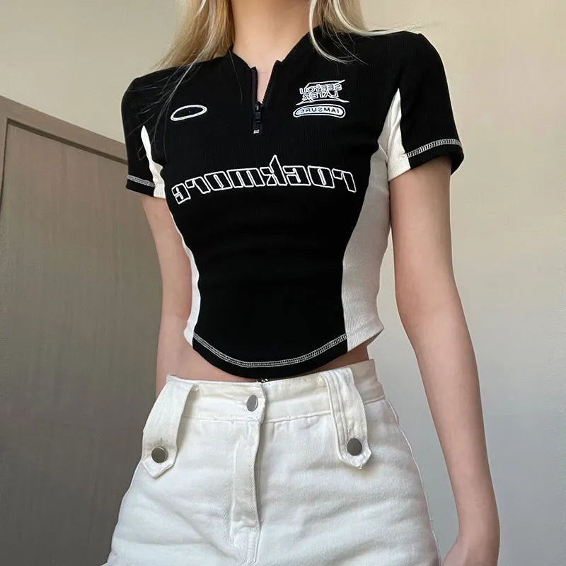 Biker Half Zip-Up Crop Top Sequined Glittery Shiny