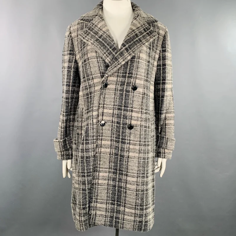 ELIE TAHARI Size L Grey Black Nylon Blend Plaid Double Breasted Coat Sequined Lace Ribbed ELIE TAHARI Size L Grey Black Nylon Blend Plaid Double Breasted Coat Sequined Lace Ribbed