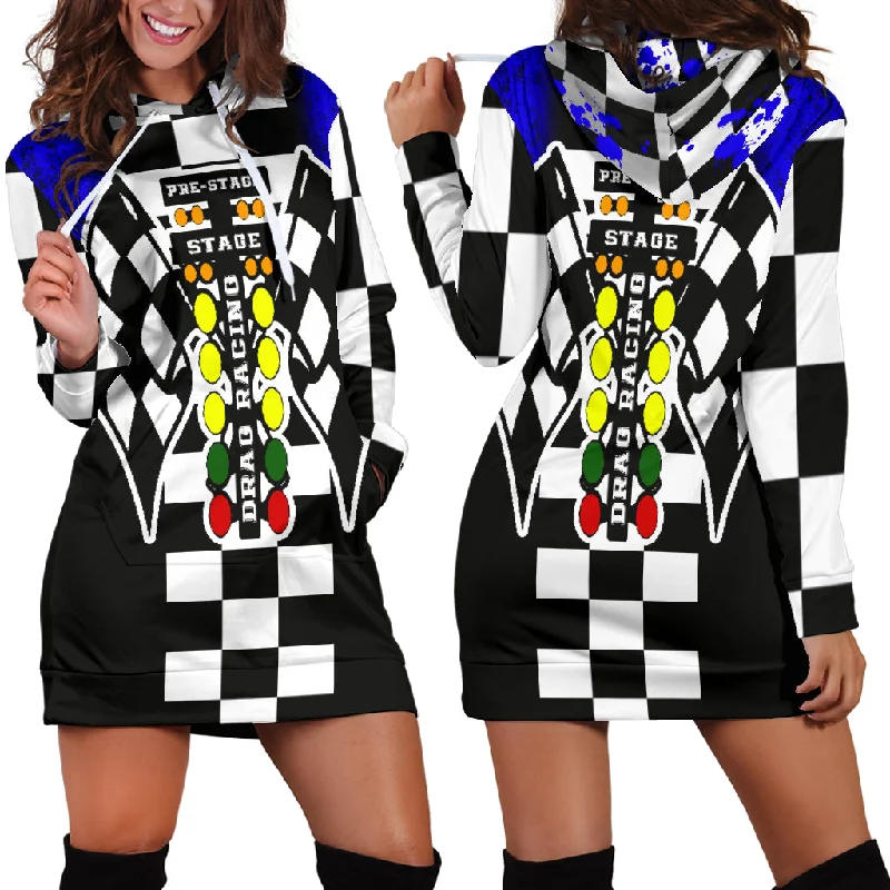 Drag Racing Hoodie Dress Blue Hoodie with Side Slits Relaxed Casual