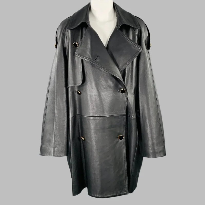 KHAITE Size S The Eden Black Leather Calfskin Trench Coat Trim Padded Insulated