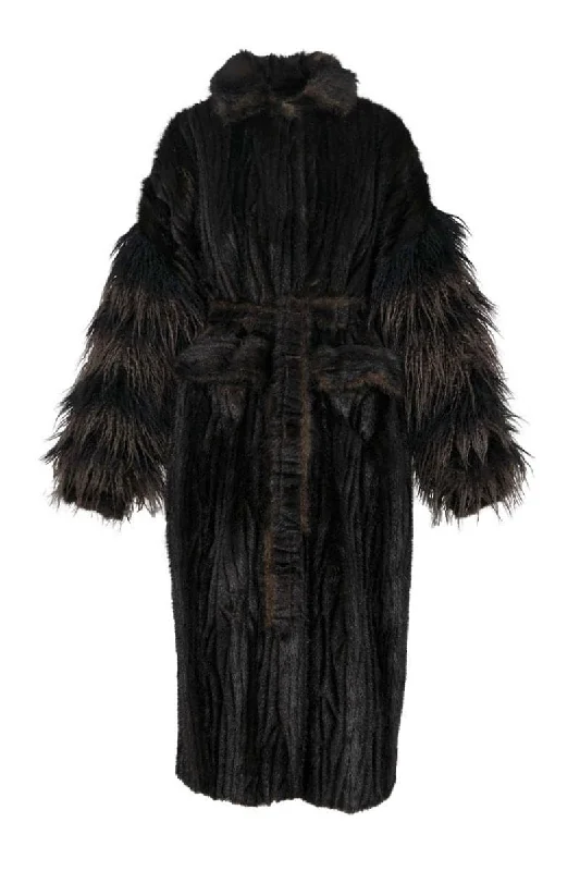 LONG BROWN FAUX FUR COAT WITH FLUFFY SLEEVES Off-the-Shoulder Jacket Double-Breasted Coat Single-Breasted Coat