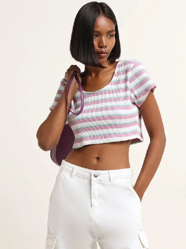 Nuon Lilac Striped Cotton Blend Crop Top Collared Crew Neck Turtle Neck