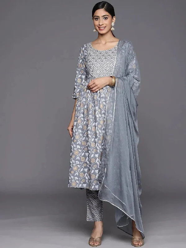 Grey Yoke Design Rayon A-Line Kurta With Trousers & Dupatta Trousers versatile all-occasion Grey Yoke Design Rayon A-Line Kurta With Trousers & Dupatta Trousers versatile all-occasion