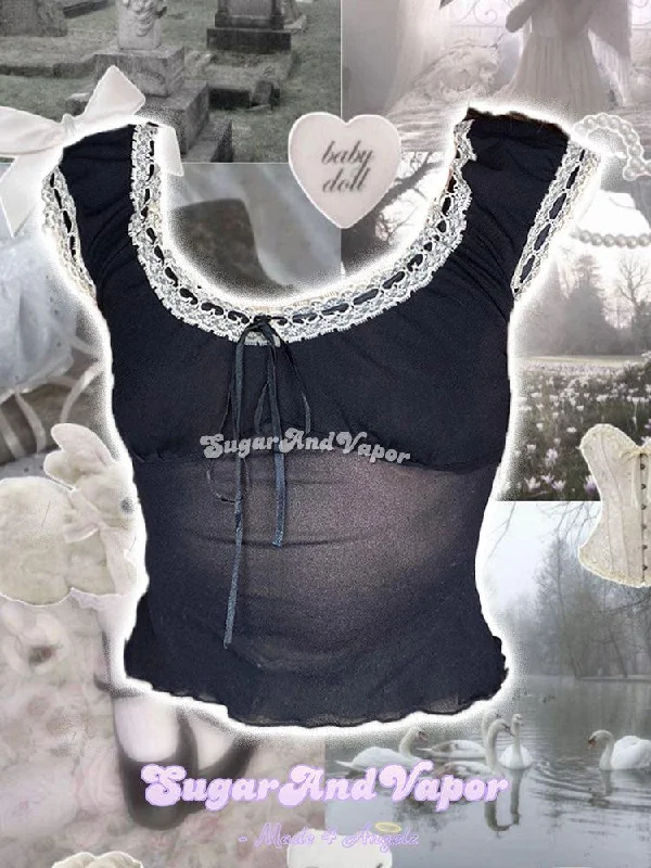 Lilith's Midnight Charm Mesh Crop Top Notch Collar Peter Pan Collar Cowl Neck