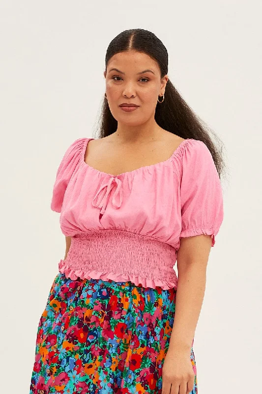Pink Crop Top Short Sleeve Waist Shirred Welt Pockets Slit Pockets Flap Pockets