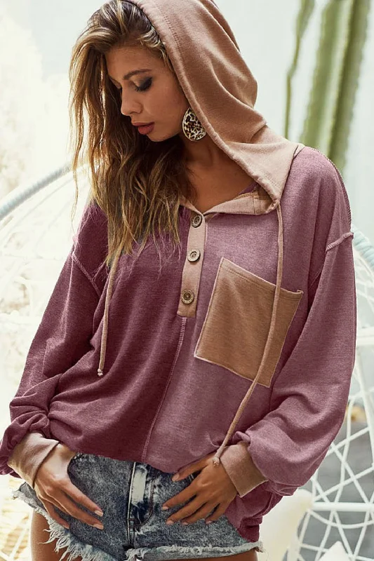 Hazel Blues® | BiBi French Terry Color Block Button Detail Drawstring Hoodie Hoodie with Bell Sleeves Flared Feminine Hazel Blues® | BiBi French Terry Color Block Button Detail Drawstring Hoodie Hoodie with Bell Sleeves Flared Feminine