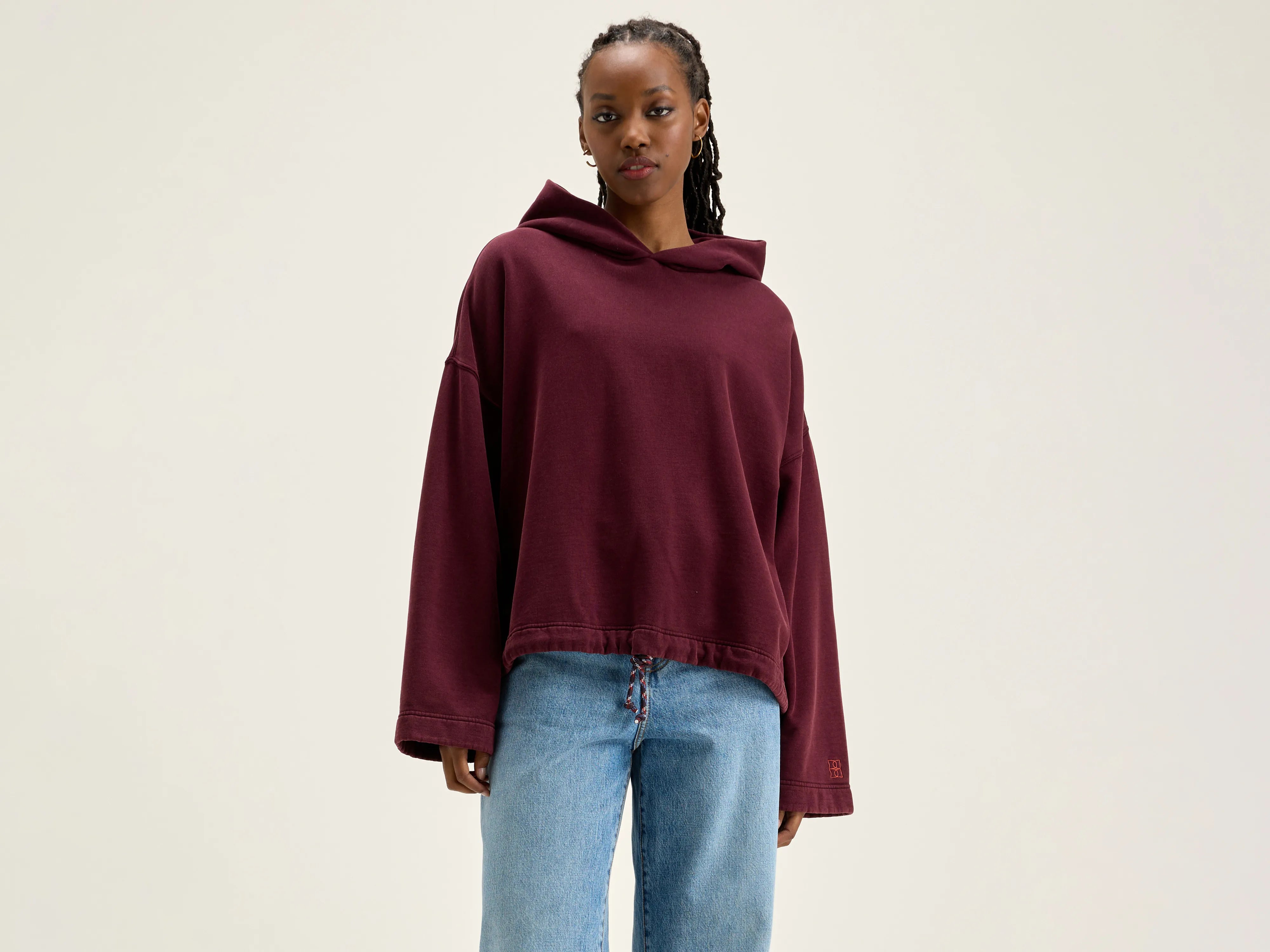 Cate hoodie (242 / W / WINE) Hoodie with Hem Contrast Bold Stylish