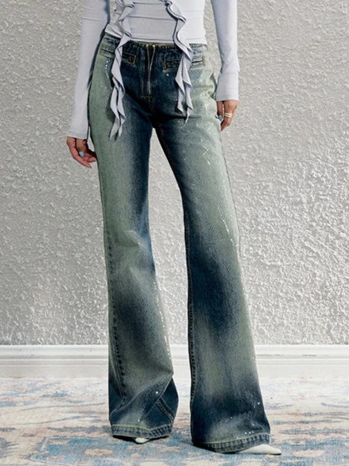Washed Blue Reflective Foil Micro-flare Denim Trousers Trousers Floral Bohemian