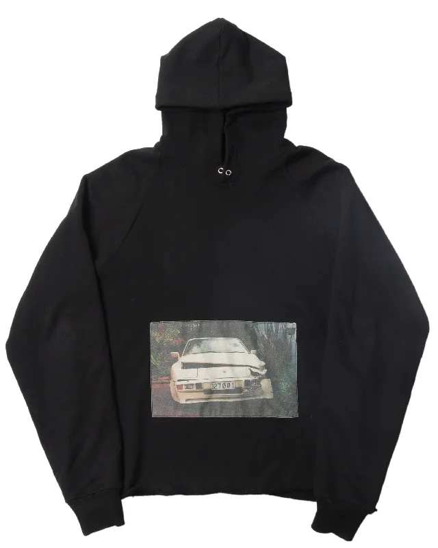 Crashed Porsche Raw-Hem Hoodie Hoodie with Raw Hem Edgy Unfinished