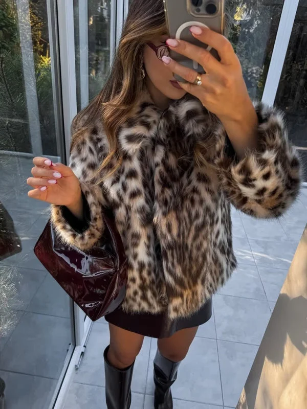 New Wild Leopard Print Short Lapel Furry Coat Trapeze Tunic Caftan