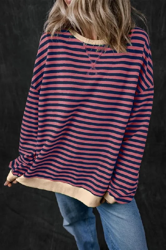Striped Oversized Contrast Trim Pullover Sweatshirt Hoodie with Hem Patch Decorative Personalized