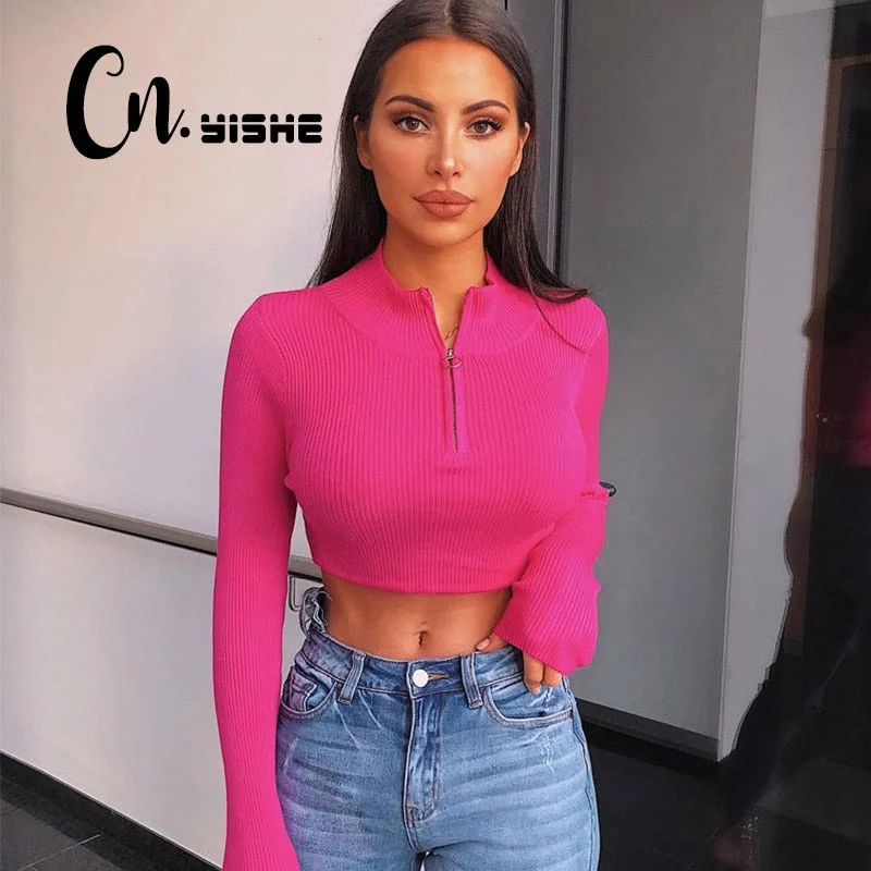 Flared Sleeve Crop Top Cashmere Blend Cotton Blend Poly Blend