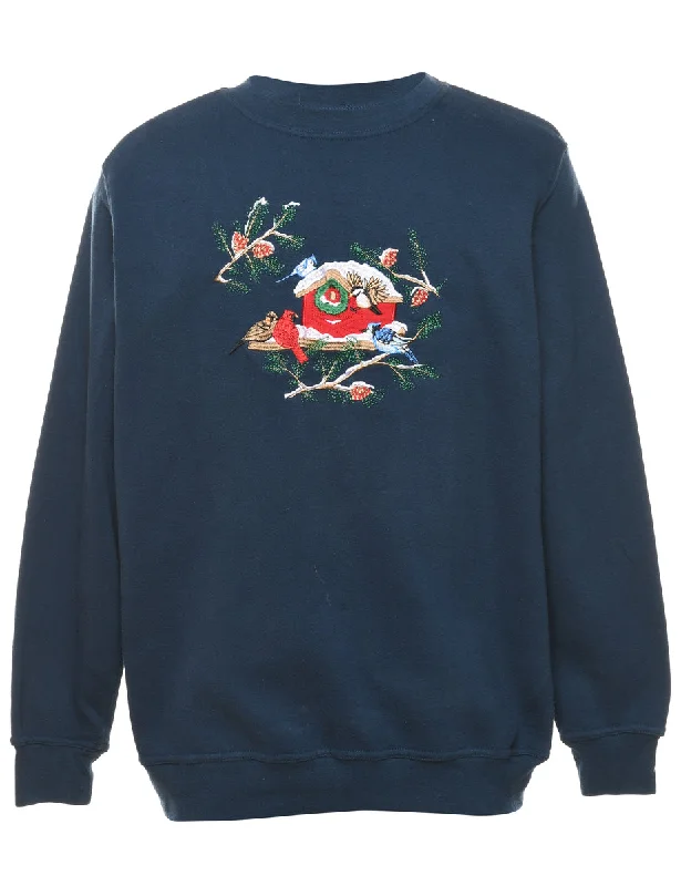 Bird Design Navy Printed Sweatshirt - M Cotton Hoodie Fleece Lining Warmth