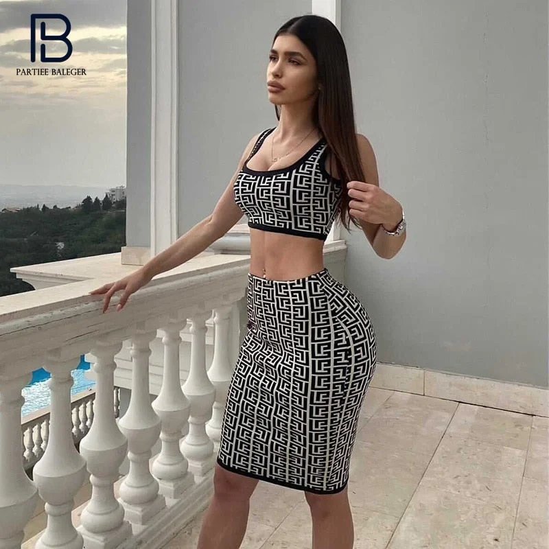 Crop Top & Skirt Set Beaded Sequined Faux Fur