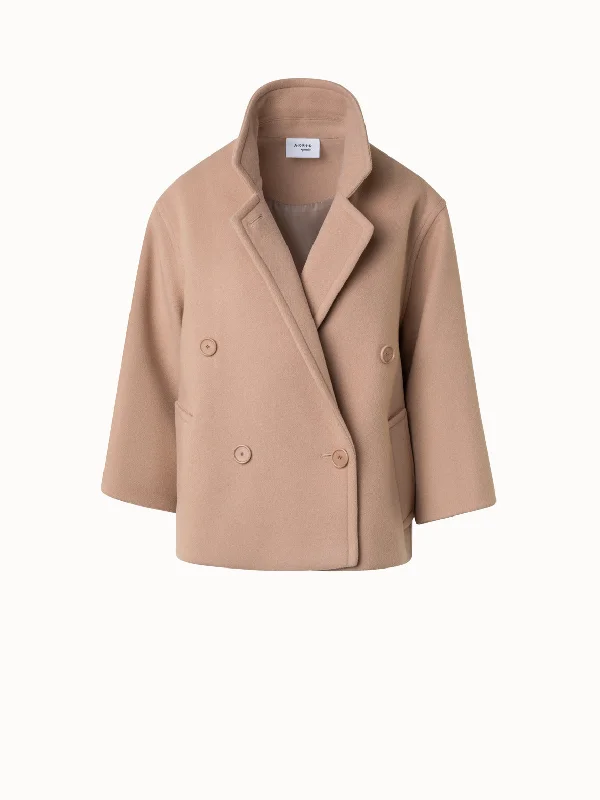Wool Blend Car Coat with Bracelet Sleeves Turtleneck Wrap Cape